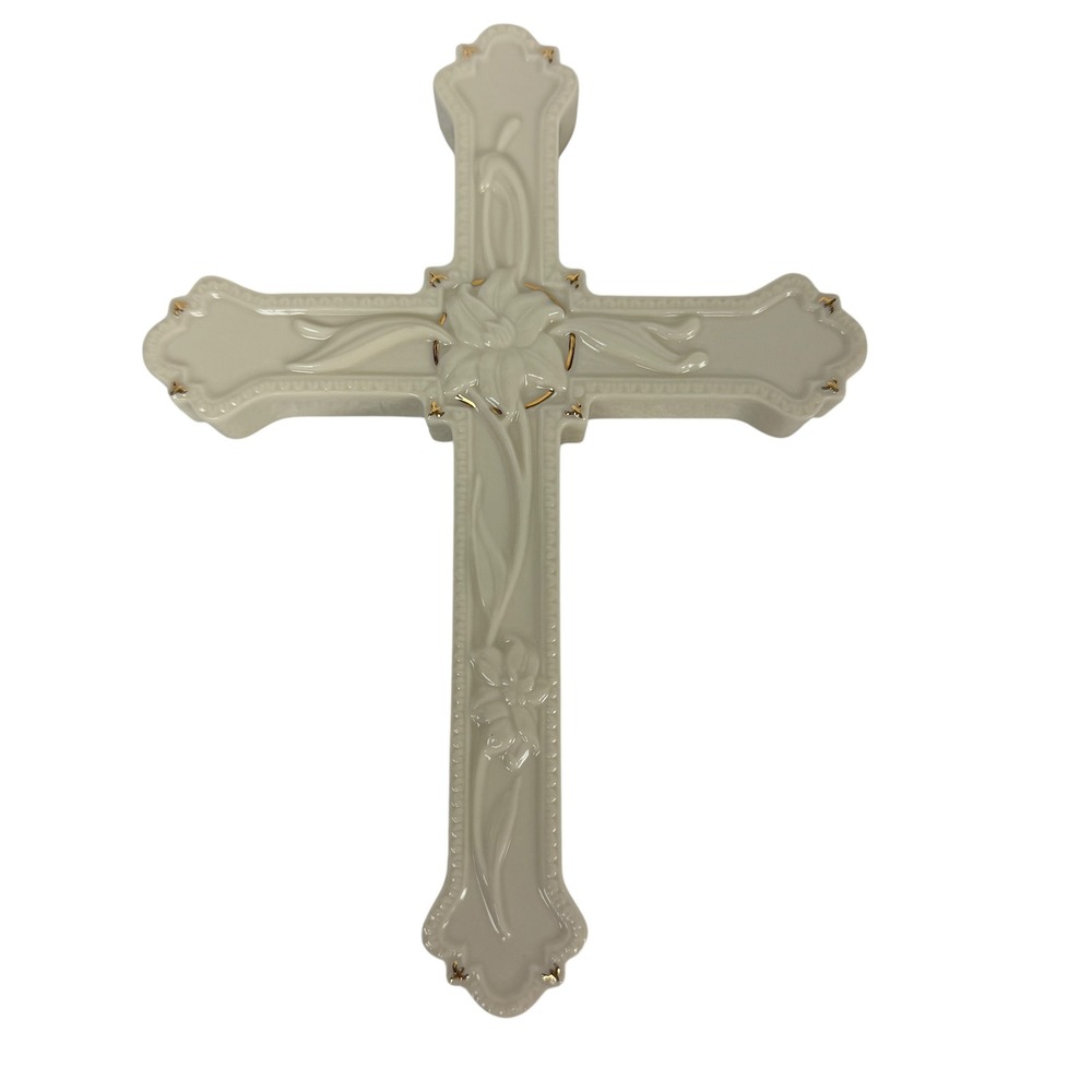 Lenox Fine Porcelain Floral Wall Cross Ivory Gold Trim Lily Scalloped 8.75 Inch